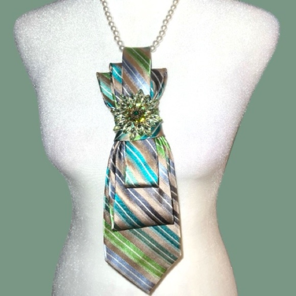“Dainty Dapper@ Elegant Multicolor Striped necktie Necklace with pretty brooch